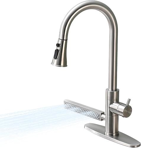 Dornberg Grifo de cocina en cascada con rociador desplegable con línea de agua, grifo de fregadero de cocina con palanca de arco alto, montaje de