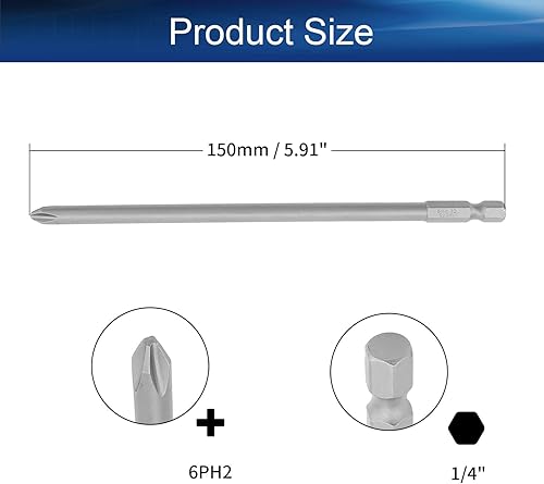Miniatura 2 de Auniwaig Juego de 5 brocas Phillips Phillips, cruz Phillips PH2 de 0.236 in, vástago hexagonal de 1/4 de pulgada, 5.906 in de longitud de acero S2