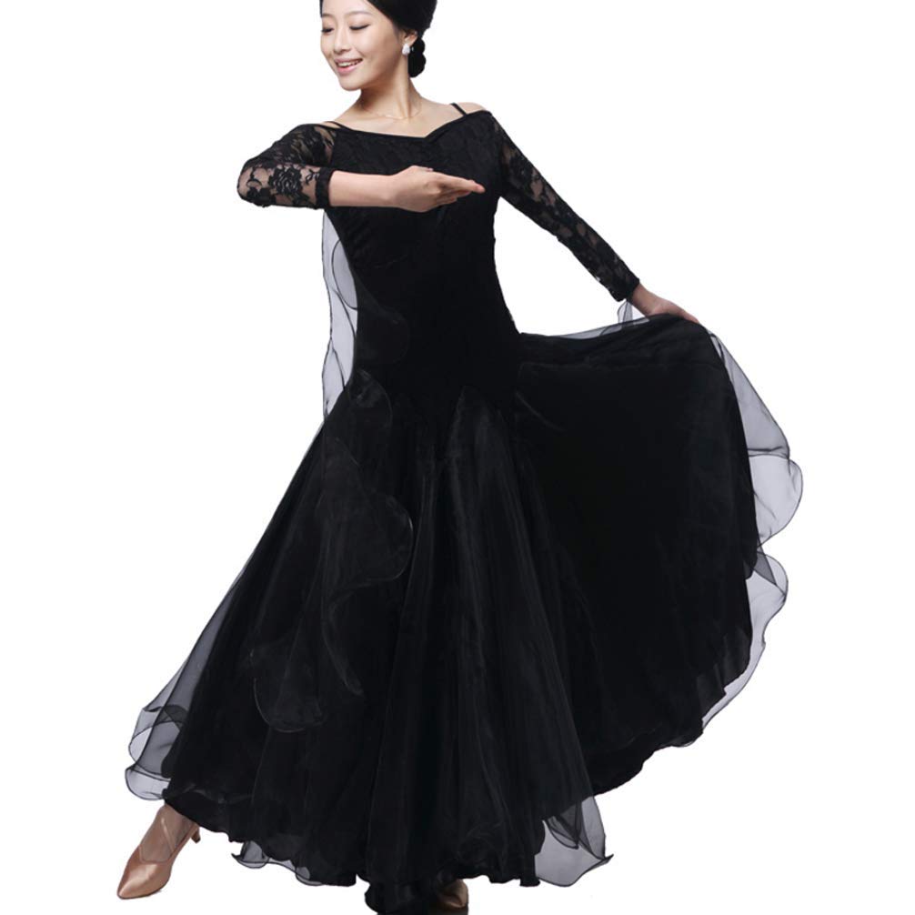 Ballsaal-Tanzkleider für Damen – Flamenco-Rock, Tanzen, modern, glatt, Walzer, Tango, Party, Ballsaal, Übungskleid, Standard-Spitze, langärmelig für Damen