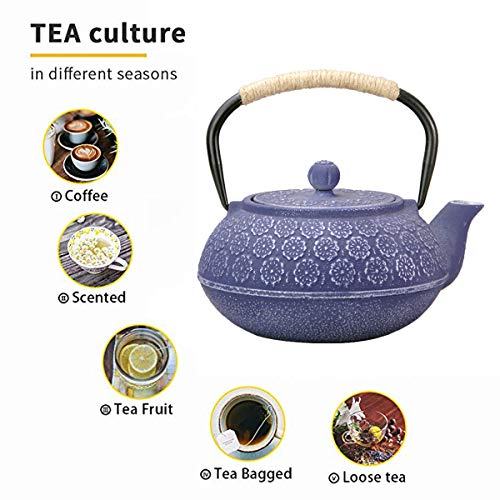 Cast Iron Teapot, Japanese Style Tetsubin, Tea Kettle With Removable Stainless Steel, Internal Enamel, Blue Iron Teapots For Coffee,Tea Bags,Loose Tea, Floral Pattern, 34Oz / 1000Ml #TOP4