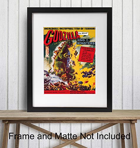 Image of Godzilla - 8x10 Vintage Hollywood Horror Movie Poster Wall Art Print - Creepy Classic Scary Movie Home Decor Picture for Man Cave, Boys Bedroom, Teens Room - Gift for Men