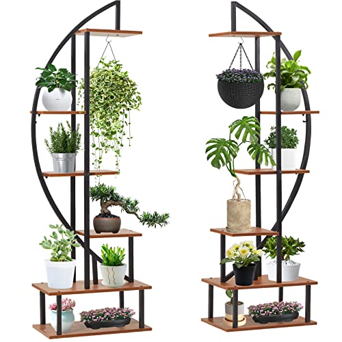 Aurgod 2 Pcs 6 Tier Metal Plant Stand Plant Stands For Indoor Plants Multiple, Plant Shelf For Planter Display With 2 Hooks, Half Moon Plant Stand For Living Room, Balcony, Patio(Without Wheels) #TOP4
