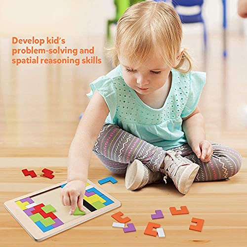 Image of Wooden Tetris Puzzle Brain Teaser Toy Colorful Jigsaw Game Montessori Intelligence Educational Gift for Baby- Toddlers, Kids 2-6 Years Old Boys Girls - 40 Pcs, Multi Color