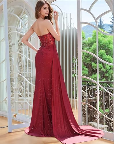 Sheer Lace Appliques Mermaid Prom Dress 2025 for Women Sweetheart Side Slit Formal Evening Party Gowns with Flowy Sash3