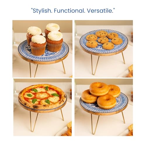 Image of RITUALISTIC Holland Delft Art Wooden Cake Stand with Metal Legs | Blue & White Dutch Folk Art | Round Dessert Display for Birthdays, Weddings & Events | Premium Home Decor Cake Tray | Unique Gifting