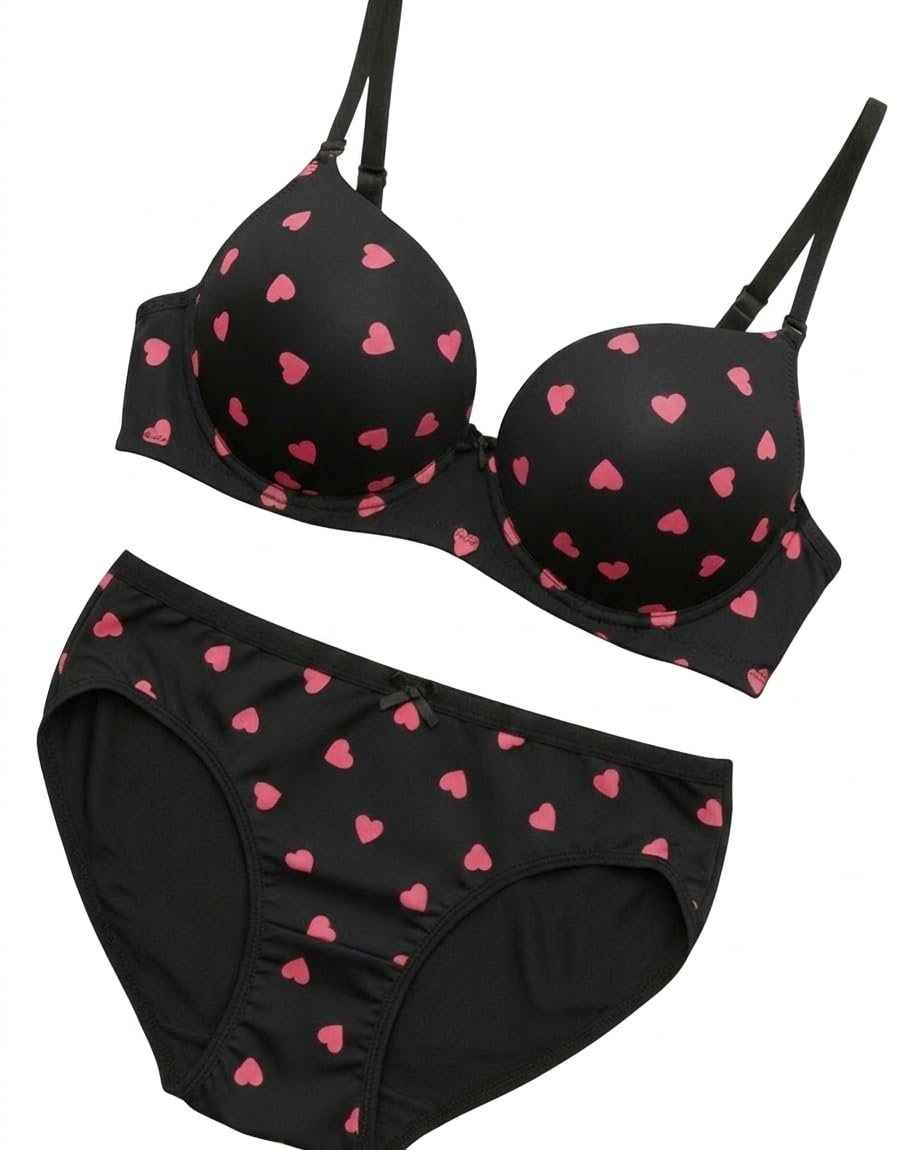 Trendy Padded Lingerie Set for Women, Black with Pink Hearts, Lycra Fabric T-Shirt Bra and Panty Set-picture-19