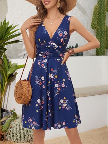 Image of OURIN Women's Spring Deep V Neck Sleeveless Floral Sundresses with Pockets Flowy Summer Dresses for Women