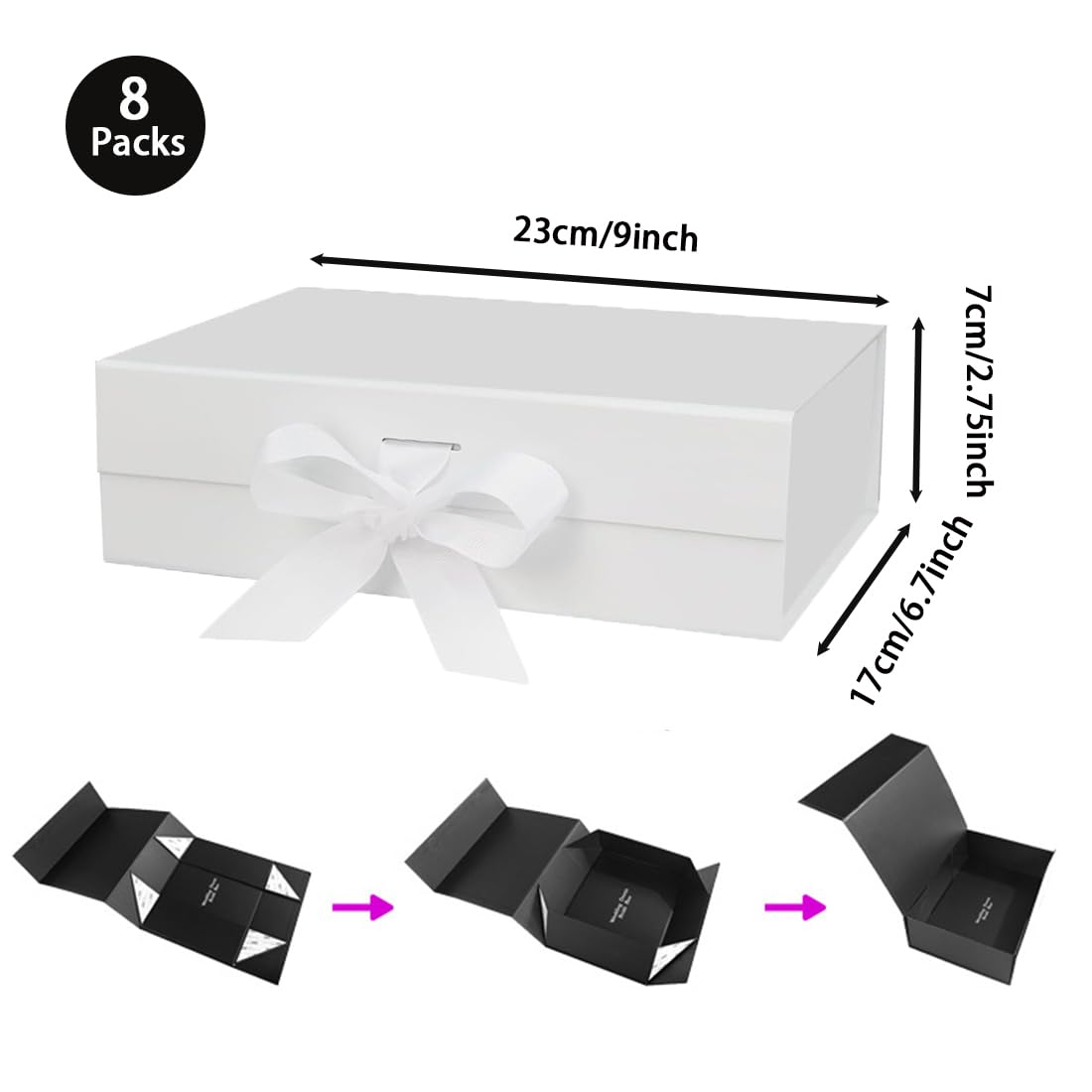 Lot de 8 boîtes cadeaux avec couvercle pour cadeaux, 23 x 17 x 7 cm, avec ruban et magnétique, grande fermeture pour Noël, Hanouka, fête des pères, mariages, anniversaires, cadeaux de mariés (blanc)