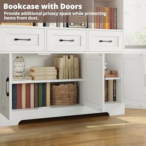 IRONCK Bookshelf with Drawers & Doors, Tall Bookshelf with Storage, Bookcase with Cabinets for Home Office, Living Room, White - Image 6
