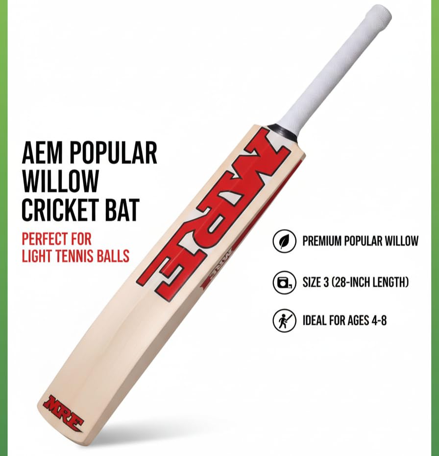 Image of AEM Popular Willow Wooden Cricket Bat for Kids (Size 3 for 4-6 Year) Lightweight & Durable one Cricket Training Bat with bat Cover
