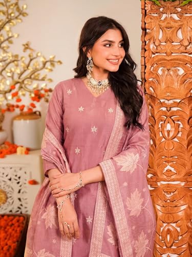 Image of Pinkmint Women Jacquard Silk Ethnic Kurta with Dupatta Suit for Women | Straight Fit Designer Wear with Woven Pattern & Tassel Dupatta | Availble in Plus Size