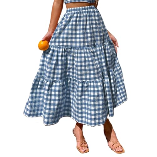 Y2k Women Gingham Tiered Maxi Skirts A Line Ruffle Plaid Midi Skirt Flowy Long Skirt Losse Summer Beach Casual