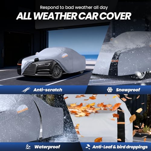 Image of Multi-Layer Car Cover Custom Fit for Audi A6(2004-2026), 100% Waterproof All Weather for Automobiles, Gift with Towel, Heavy Duty Car Covers for Rain Sun UV Protection with Door Zipper
