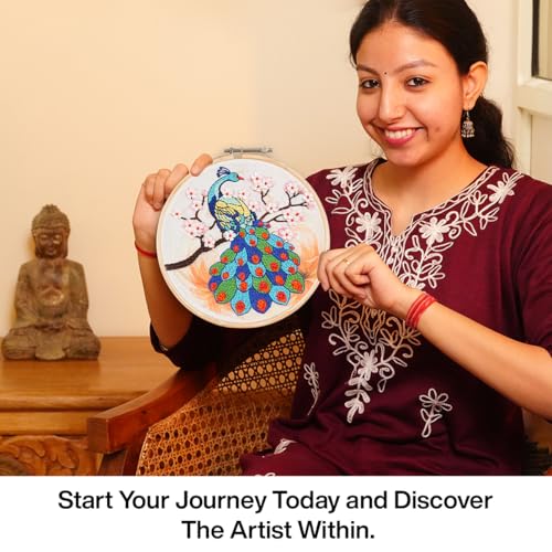 Image of picknMAKE Colorful Majestic Peacock Hand Embroidery Kit for Beginners, Adults & Kids - Digital Printed Fabric, Threads, Needles, Floral Sequins & Instructions - DIY Embroidery Set