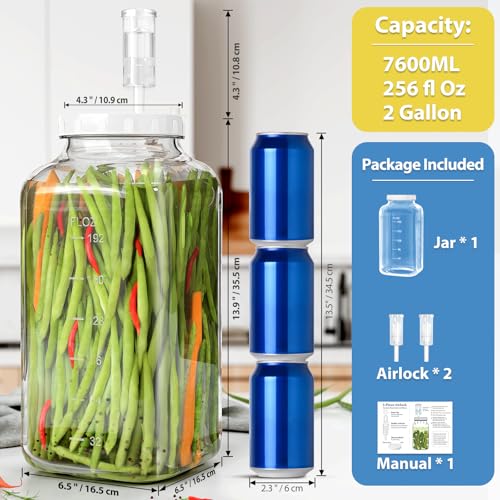 7600ML Gal Fermentation Jar Kit with Airlocks, 2 Gallon Glass Jar, Leak Proof Lid, Scale Mark