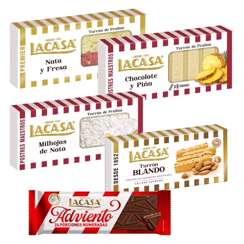 Surtido Turrones Lacasa: 5 tabletas de turrón variadas: Blando, Crujiente, Chocolate y piña, Milhojas de nata y Nata y fresa