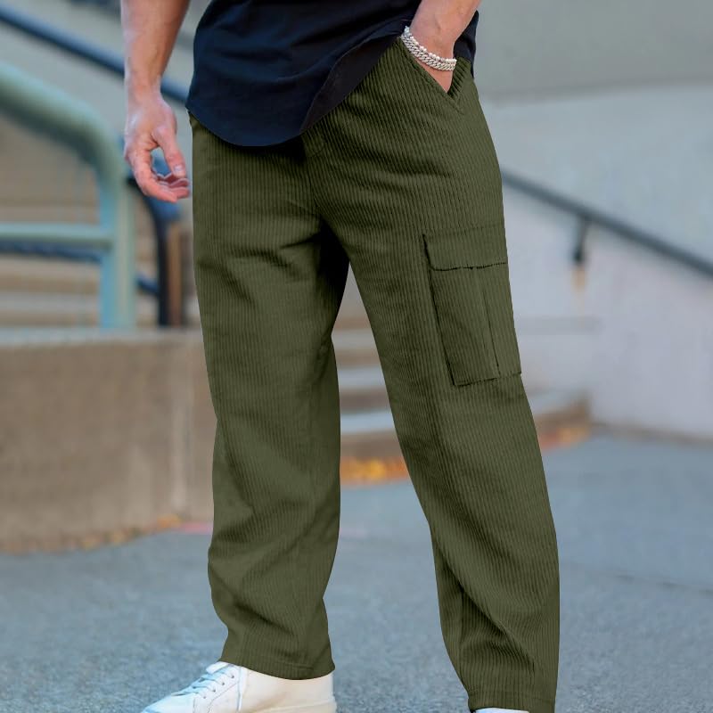 Men's Casual Cargo Drawstring Pants Elacstic Waist Solid Color Trousers with Pockets Straight Leg Trendy Outfits Fashion Loose Fit Relaxed Sweatpants Green M2