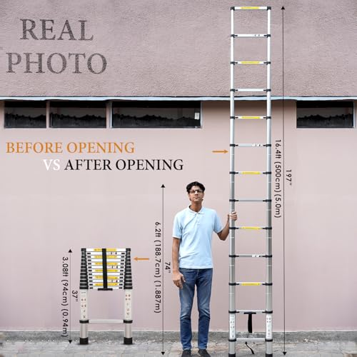 Image of HOUZA 5m (16.5 ft) Aluminium Telescopic Ladder | 13-Step Foldable Extension Ladder | Portable, Compact & Collapsible Multi-Purpose Ladder for Home, Industrial & Outdoor Use (Orange)