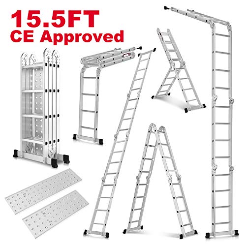 Idealchoiceproduct 15.5\' Heavy Duty Gaint Aluminum Multi Purpose Folding Ladder Scaffold Ladders with 2 Platform Plates- 330Lbs