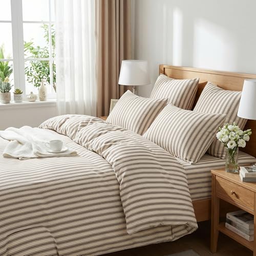 Image of Nayoroom Brown Striped Duvet Cover Queen Size Beige Striped Duvet Cover Dorm Bedding Set 3 Pieces Soft Lightweight Microfiber Farmhouse Bedding Set Gifts for Women Men