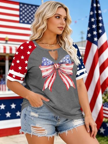 Image of Ithalt Plus Size American Flag Shirt Women Bow T Shirt 4th of July Shirts USA Patriotic V Neck Tees for Independence Day