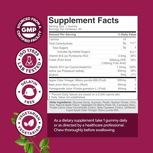 Apple Cider Vinegar Gummies with Mother - Cleanse & Detox ACV Gummies for Weight Loss, Gut Health, Bloating, Metabolism & Energy Support - ACV with Mother with B12 Vitamin, B6 & Pomegranate - 60 Ct