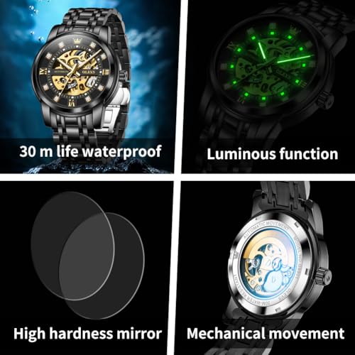 Image of OLEVS Mens Automatic Watch Skeleton Diamond Luxury Mechanical Self Winding Dress Wrist Watch Waterproof Luminous