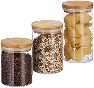 Relaxdays Glass Storage Jars, Set Of 3, In 500, 700 & 1000 ml, Pasta, Coffee, Tea, Biscuits, D 9.5 cm, Bamboo, Natural