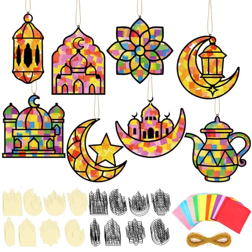 DoubleFill 48 Pcs 36 Sets Suncatchers Crafts Kit DIY Tissue Paper Suncatchers Craft Kit DIY Ornaments for Window Art (Ramadan)