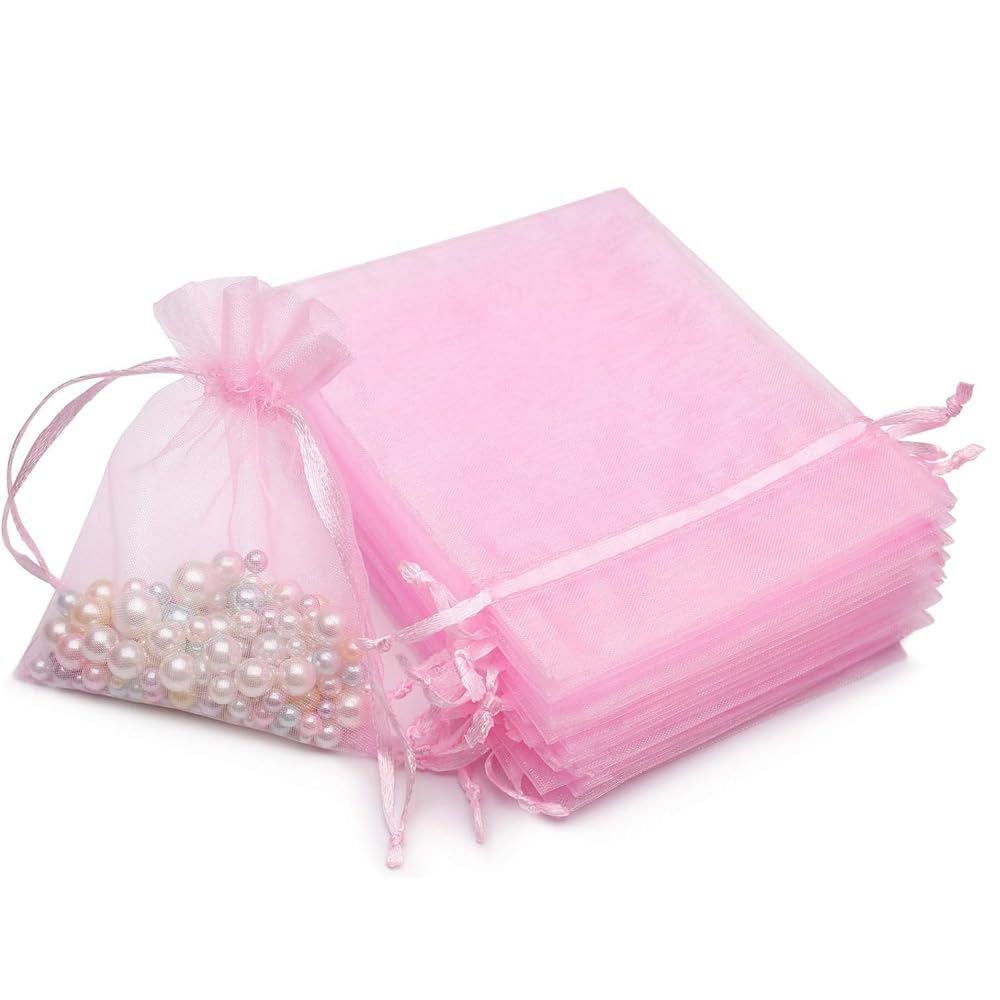 Organza Beutel mit Kordelzug, 50 Stück 17 × 23 cm Geschenk Hochzeit Säckchen, Organza Geschenk Schmuckbeutel, Bonbonsbeutel für Hochzeit Oder Fest Party(Rosa)