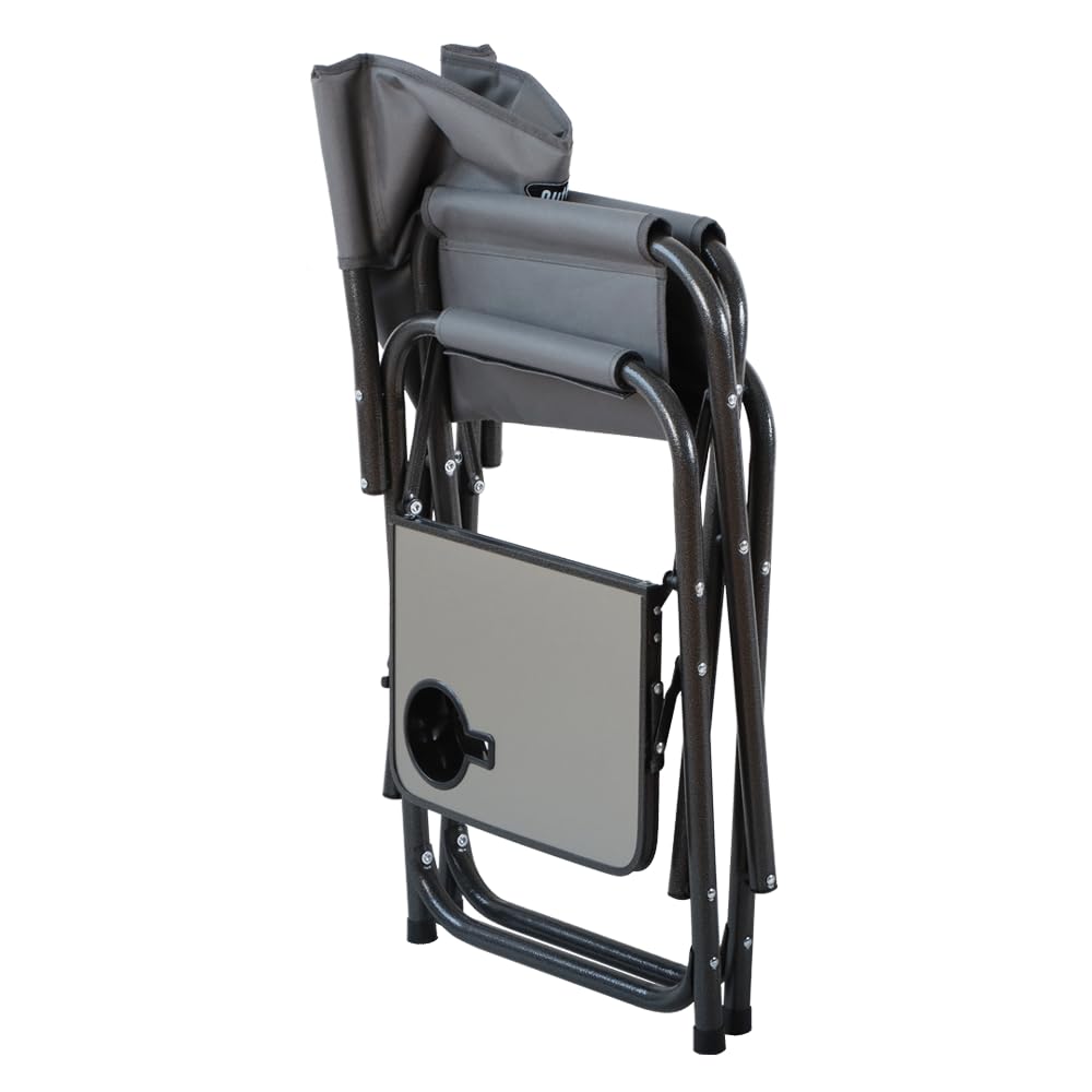 Outback Sedia da regista pieghevole con tavolino e portabicchieri, sedia da campeggio portatile, struttura in acciaio resistente, tessuto impermeabile 600D, supporta 102 kg, grigio antracite