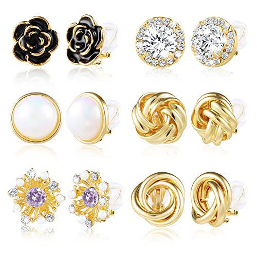 ASHS CHOICE Hypoallergenic 14K Goldplated Clip on Earrings - 6 Pairs Non Pierced for Women Girls Rose Flowers Pearl Twist Knot Rhinestone Long Drop Dangle Boho Set
