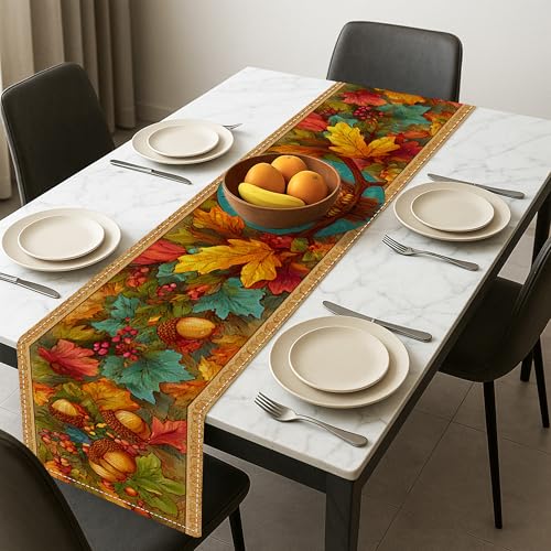 Tischläufer mit Herbstblättern, buntes Herbstlaub, gemustert, Esszimmer-Dekoration für Thanksgiving, Feiertage, 33 x 183 cm