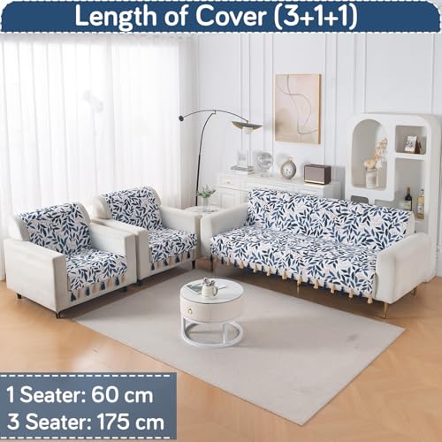 Image of HOKIPO Printed Holland Velvet Sofa Cover 5 Seater Set - Washable 3+1+1 Sofa Cover with Tassel | Full Protection for Sofa Seat and Back | 'Whispers of Nature' | Indigo Foliage (IN-1127+1125-D10*2)