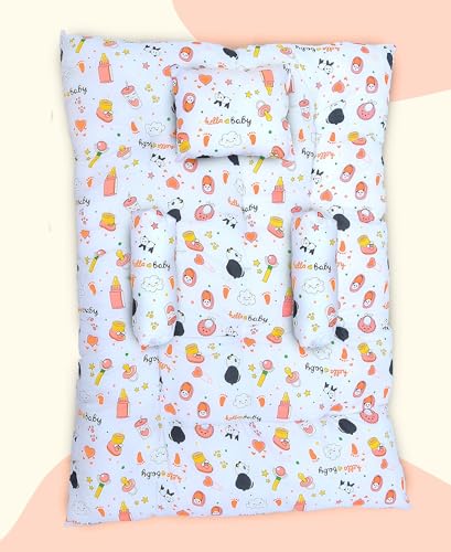 Image of Baby Sleeping Mattress Set Cotton with Bolsters & Pillow, for 0-12 Month Newborns-Unisex (Panda Orange)