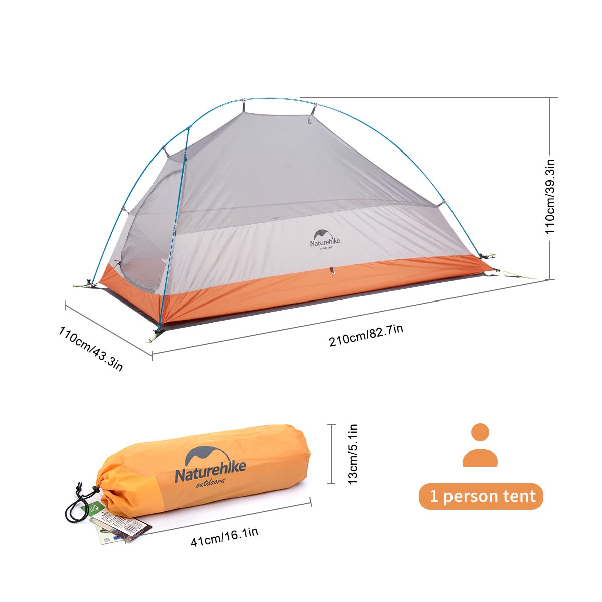 Naturehike Cloud up 1 Persona Carpa para Mochileros para Carpa de Cúpula Ligera para Acampar y Senderismo para 1 Hombre(Actualizar Naranja 210T)