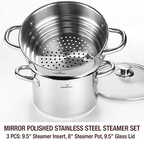 HOMICHEF 3 PCS Whole Food Steamer Set - Nickel Free Stainless Steel Veggie Steam Pot (9.5\" Large Vegetable Steamer Insert With Lid, 8\" Steam Pot) - Thumbnail 3