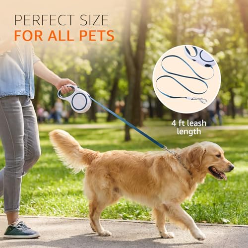 Image of Amazon Basics Retractable Dog Leash | 5 Meter | for Large Dogs Up to 50 Kg | Heavy Duty Leash for Pets | Strong Nylon Tape, Anti-Slip Handle, Built in Spring, One-Click Brake Pause | Grey & Blue