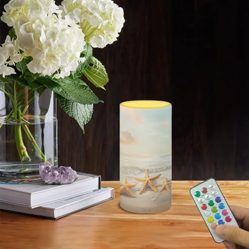 Image of Flameless LED Candle Flickering Wick Electric Candles with Remote Timer Color Changing 5.9 Inches Pillar Candle for Coastal Indoor Home Decoration, Beach Gold Starfish