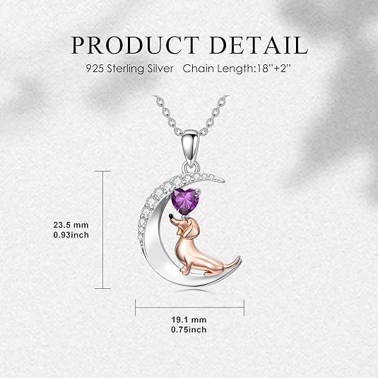 ROMANTICWORK Dackel Halskette für Frauen 925er Sterlingsilber Dachshund Kette mit Geburtsstein 1-12 Monat Dackel Anhänger Sausage Dog Tier Schmuck Dackel Geschenke für Damen