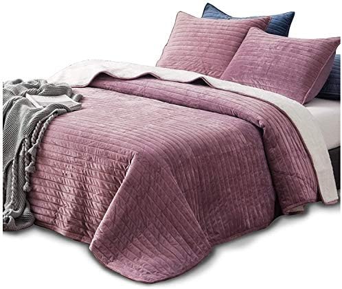 KASENTEX Plush Poly Velvet Lavish Design Quilt Set with Reversible Fleece Micromink Sherpa - Luxurious Bedding Soft & Warm Comforter Machine Washable Comforter (Rosy Mauve, King + 2 Shams)