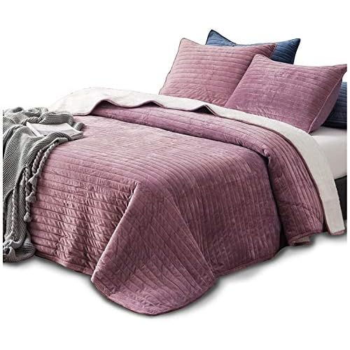 KASENTEX Plush Poly Velvet Lavish Design Quilt Set with Reversible Fleece Micromink Sherpa - Luxurious Bedding Soft & Warm Comforter Machine Washable Comforter (Rosy Mauve, King + 2 Shams)