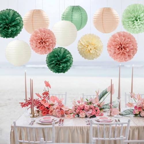 Image of Sage-Green Pink Party-Decorations Paper-Flowers Lanterns - 15PCS Birthday Boho Rustic Tissue Pom Poms Streamers,Baby Shower Neutral Wedding Graduation Bridal Safari Hanging Supplies Decor Hugfond
