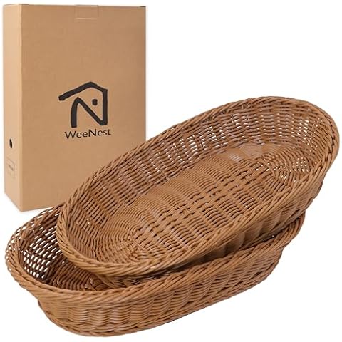 WeeNest Wicker Bread Basket, Woven Basket as Serving Tray, Food basket, Fruit basket for kitchen, Bread Serving Basket, Oval Resin Wicker 2 pcs, Light Brown Cover