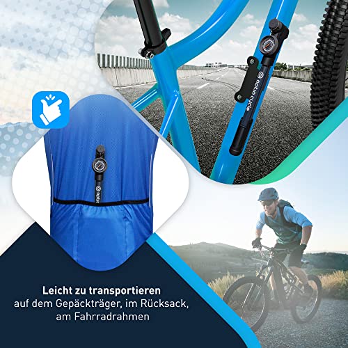 Mini Fahrradpumpe mit Manometer 120 PSI / 8,3 Bar – Kompakte Rahmenpumpe mit Halterung | Fahrradpumpe Alle Ventile | Kleine Luftpumpe mit Bar Anzeige für Rennrad, MTB, E-Bike | Fahrrad Pumpe Klein