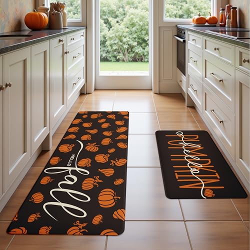 Fall Autumn Pumpkin Black Kitchen Rug Sets [2 PCs], Anti-Fatigue, Waterproof Non-Slip Kitchen Mats Heavy Duty Comfort Foam Rug for Kitchen, Floor, Laundry,17"x29"+17"x47"