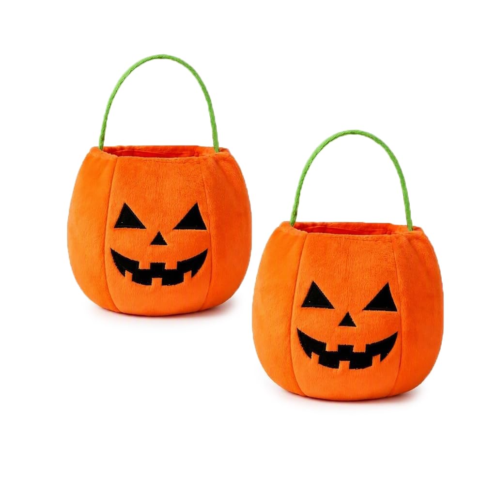 LCOLYDM 2 Pcs Halloween Basket, Soft Plush Fabric, 25x36cm, Pumpkin Trick or Treat Bag, Large Candy Bucket for Kids, Orange Gift Tote, Reusable Party Bags