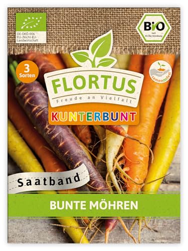 FLORTUS Bunte Möhren Saatband | 3 BIO Saatbänder für Möhrenanbau | Saatgutmischung für orange, gelbe, weiße und violett Möhren