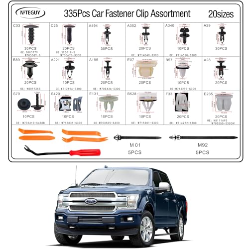 335Pcs Ford F150 Car Retainer Clips & Fastener Assortment - 18 Most Popular Sizes for Ford F150 Body Interior and Exterior Retainer Fastener Clips with 10 Cable Ties and Fasteners Remover