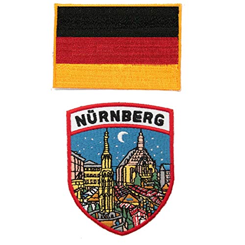 A-ONE Aufnäher mit Deutschland-Flagge, zum Aufbügeln, Motiv Nürnberg, Stadt bei Nacht, 2 Stück No.105C